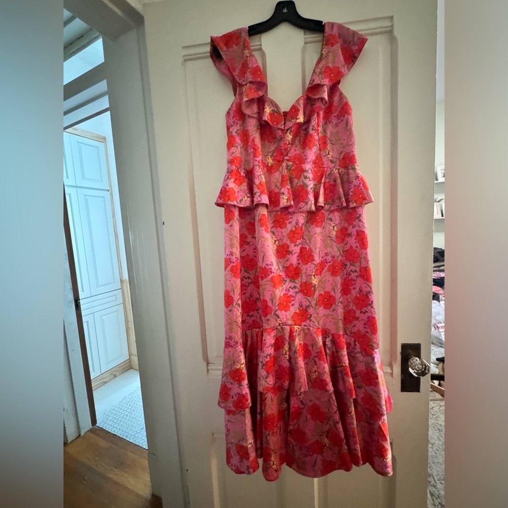 Show Me Your MuMu Pink and Red Ruffled Peplum Midi Dress